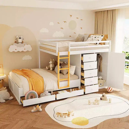 Lit superposé complet Whisen avec 2 grands tiroirs, 5 petits tiroirs et petite armoire