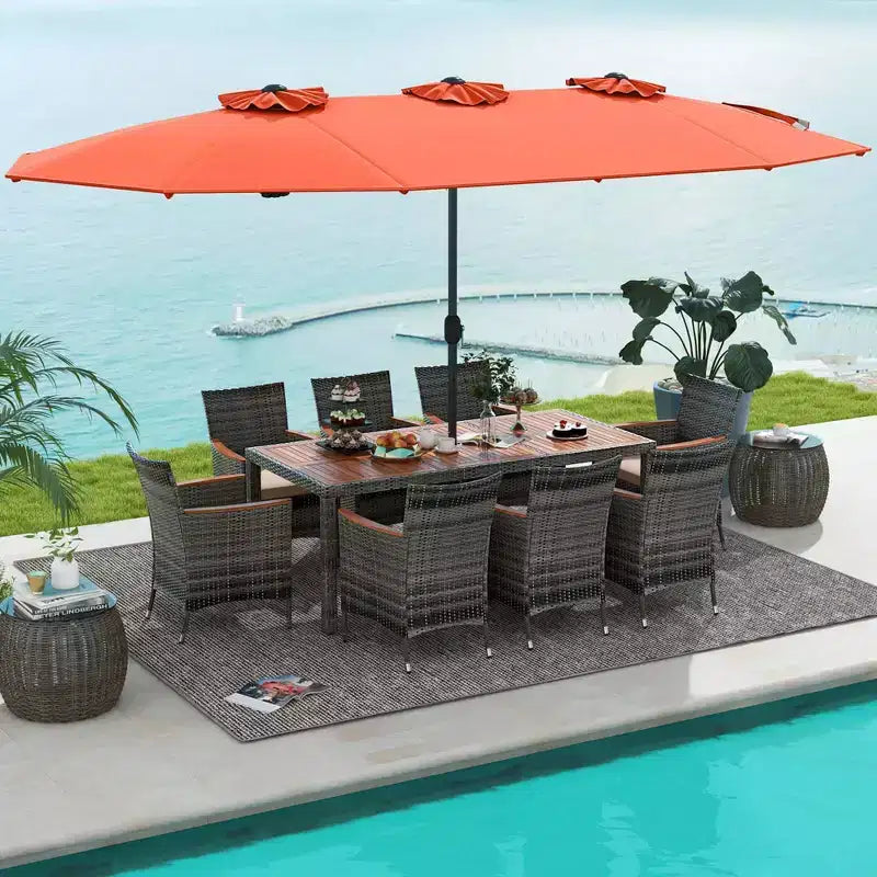 Set da pranzo in vimini da esterno Costway 10 pezzi con ombrellone da patio a doppia faccia 8 poltrone grigio/rosso/arancione/turchese/beige/caffè