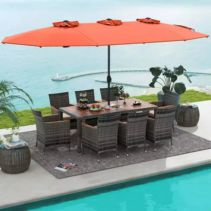 Set da pranzo in vimini da esterno Costway 10 pezzi con ombrellone da patio a doppia faccia 8 poltrone grigio/rosso/arancione/turchese/beige/caffè