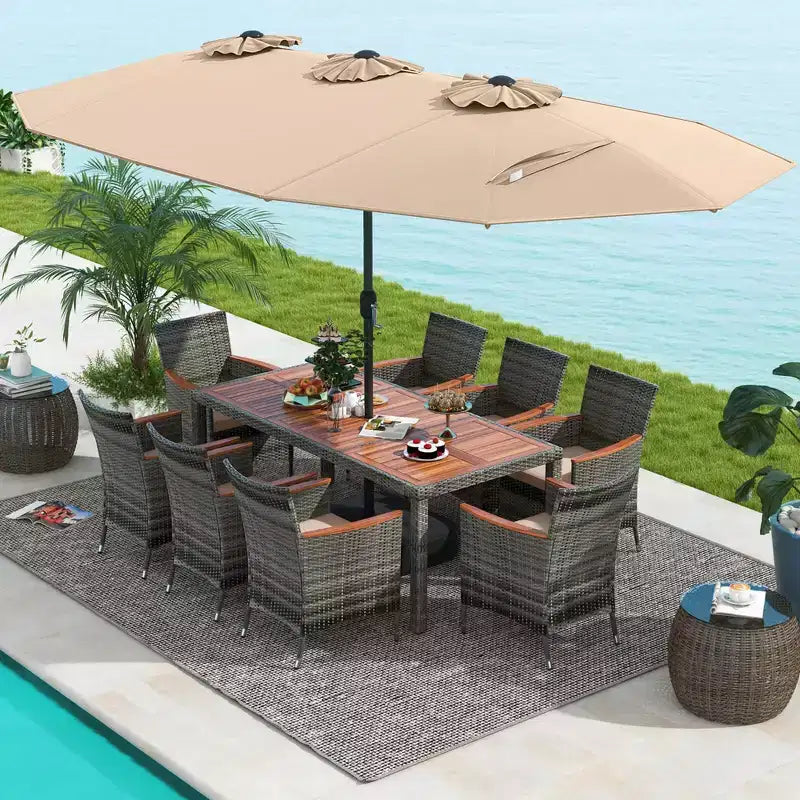 Set da pranzo in vimini da esterno Costway 10 pezzi con ombrellone da patio a doppia faccia 8 poltrone grigio/rosso/arancione/turchese/beige/caffè