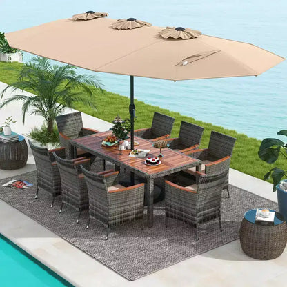 Set da pranzo in vimini da esterno Costway 10 pezzi con ombrellone da patio a doppia faccia 8 poltrone grigio/rosso/arancione/turchese/beige/caffè
