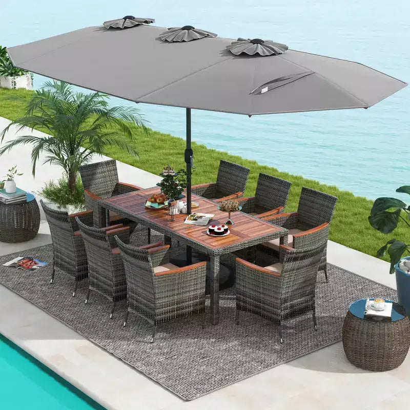 Set da pranzo in vimini da esterno Costway 10 pezzi con ombrellone da patio a doppia faccia 8 poltrone grigio/rosso/arancione/turchese/beige/caffè