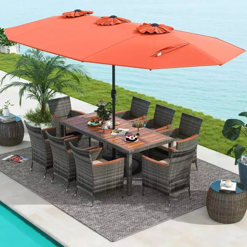 Set da pranzo in vimini da esterno Costway 10 pezzi con ombrellone da patio a doppia faccia 8 poltrone grigio/rosso/arancione/turchese/beige/caffè