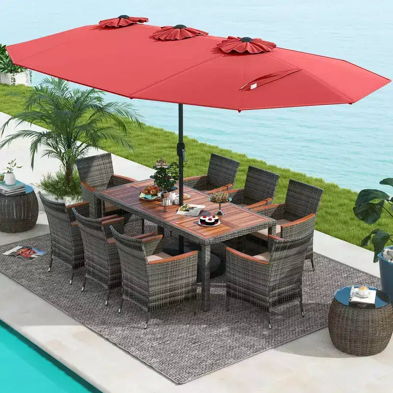 Set da pranzo in vimini da esterno Costway 10 pezzi con ombrellone da patio a doppia faccia 8 poltrone grigio/rosso/arancione/turchese/beige/caffè