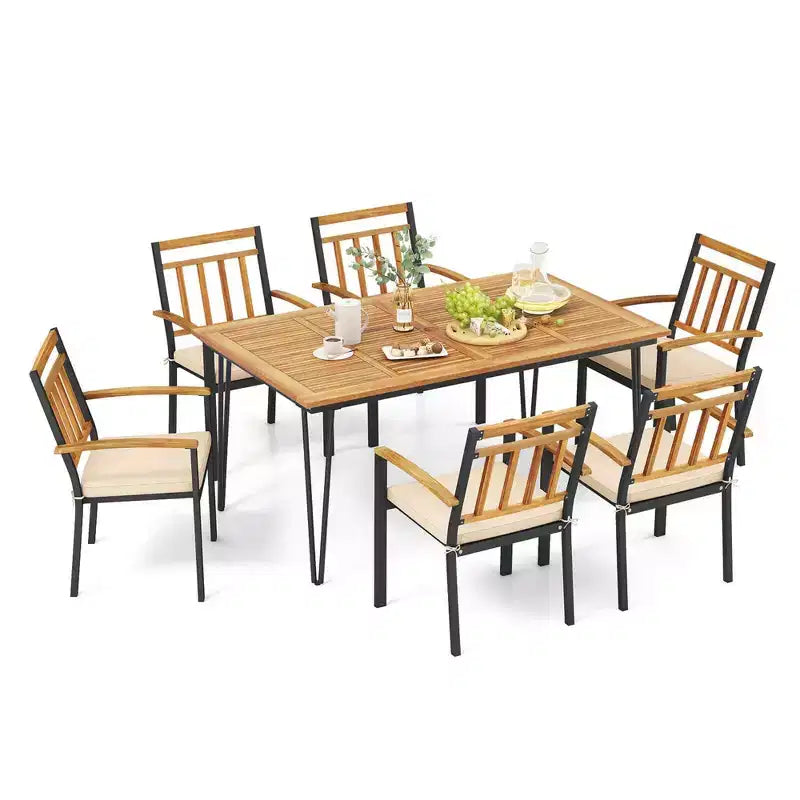 Ensemble de salle à manger d'extérieur Costway 7 pièces avec table en bois d'acacia, fauteuils en rotin et coussins moelleux
