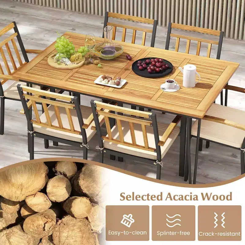 Ensemble de salle à manger d'extérieur Costway 7 pièces avec table en bois d'acacia, fauteuils en rotin et coussins moelleux