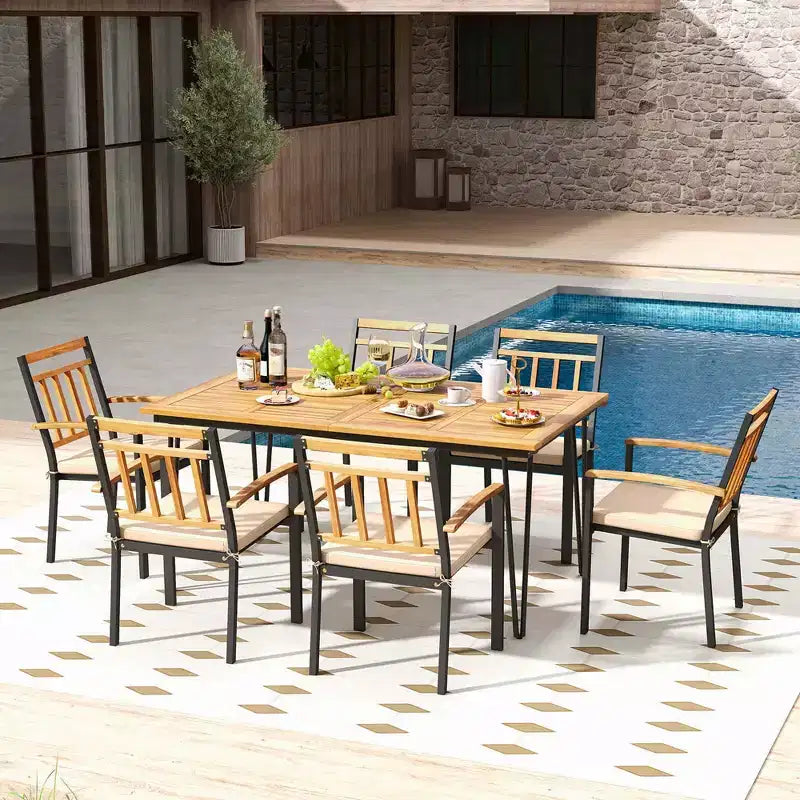 Ensemble de salle à manger d'extérieur Costway 7 pièces avec table en bois d'acacia, fauteuils en rotin et coussins moelleux