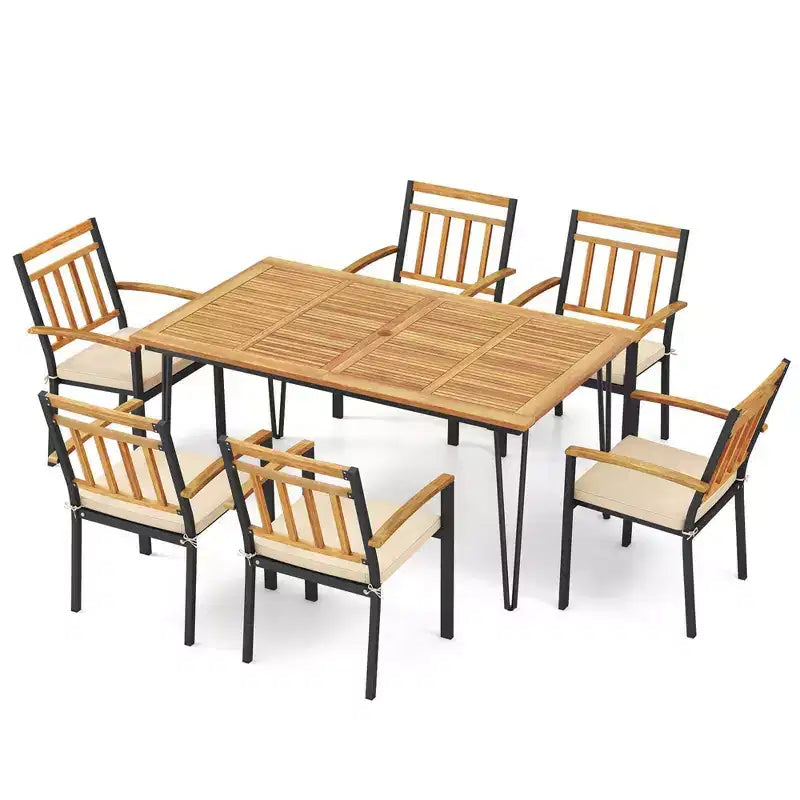 Ensemble de salle à manger d'extérieur Costway 7 pièces avec table en bois d'acacia, fauteuils en rotin et coussins moelleux
