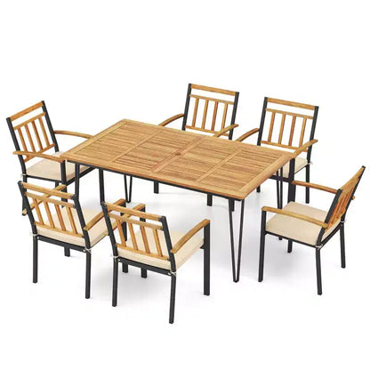 Ensemble de salle à manger d'extérieur Costway 7 pièces avec table en bois d'acacia, fauteuils en rotin et coussins moelleux
