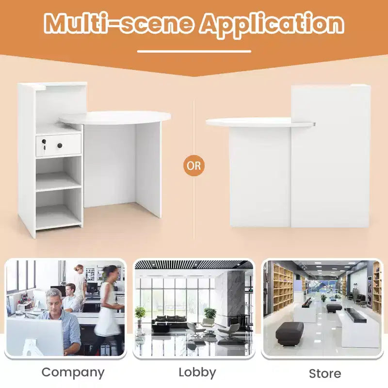 Costway Bancone per Reception, Scrivania da Ufficio con Ripiano Aperto e Cassetto con Serratura, Bianco/Marrone/Nero