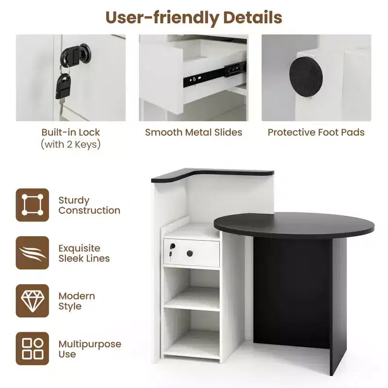Costway Bancone per Reception, Scrivania da Ufficio con Ripiano Aperto e Cassetto con Serratura, Bianco/Marrone/Nero