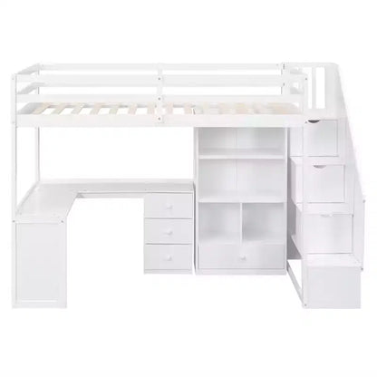 Lit mezzanine une place avec bureau en L, 3 tiroirs, placard, rangements intégrés dans l'escalier, en pin massif/MDF