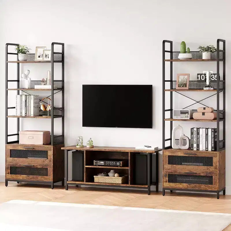 Étagère industrielle de 180 cm avec tiroirs, Bibliothèque rustique à 4 niveaux pour salon, chambre, bureau, marron