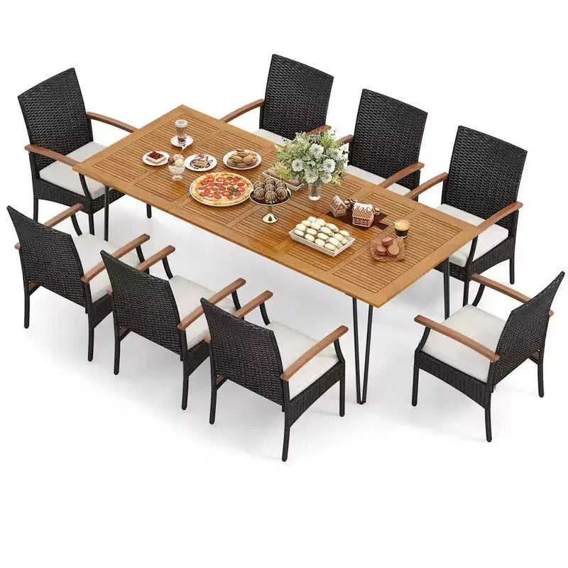 Costway Set da Pranzo per Esterni 9 Pezzi, Set di 8 Poltrone e Tavolo Quadrato in Legno di Acacia