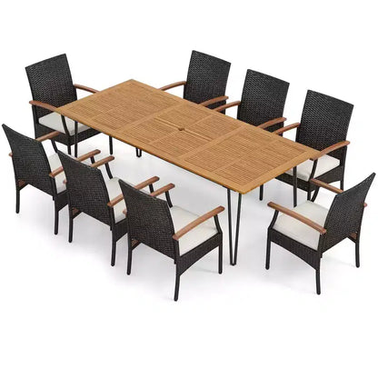 Costway Set da Pranzo per Esterni 9 Pezzi, Set di 8 Poltrone e Tavolo Quadrato in Legno di Acacia