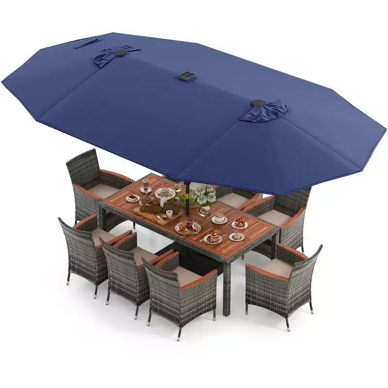 Costway Ensemble de salle à manger d'extérieur 11 pièces avec parasol double face 4,5 m 8 fauteuils Bleu/Beige/Orange/Bordeaux