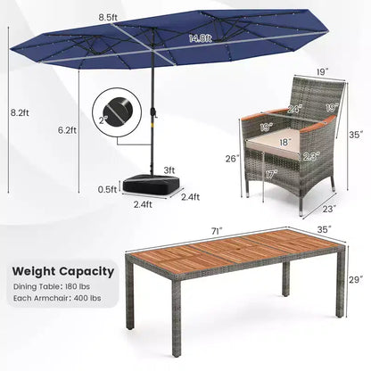 Costway Ensemble de salle à manger d'extérieur 11 pièces avec parasol double face 4,5 m 8 fauteuils Bleu/Beige/Orange/Bordeaux