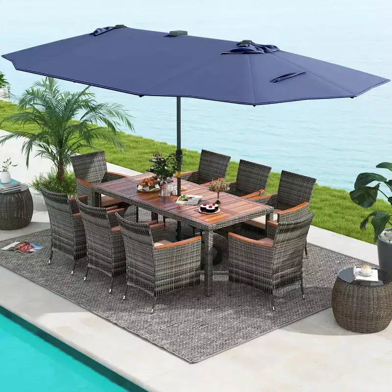 Costway Ensemble de salle à manger d'extérieur 11 pièces avec parasol double face 4,5 m 8 fauteuils Bleu/Beige/Orange/Bordeaux