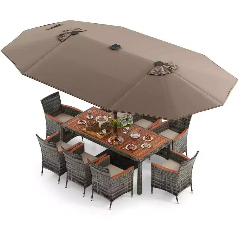 Costway Ensemble de salle à manger d'extérieur 11 pièces avec parasol double face 4,5 m 8 fauteuils Bleu/Beige/Orange/Bordeaux