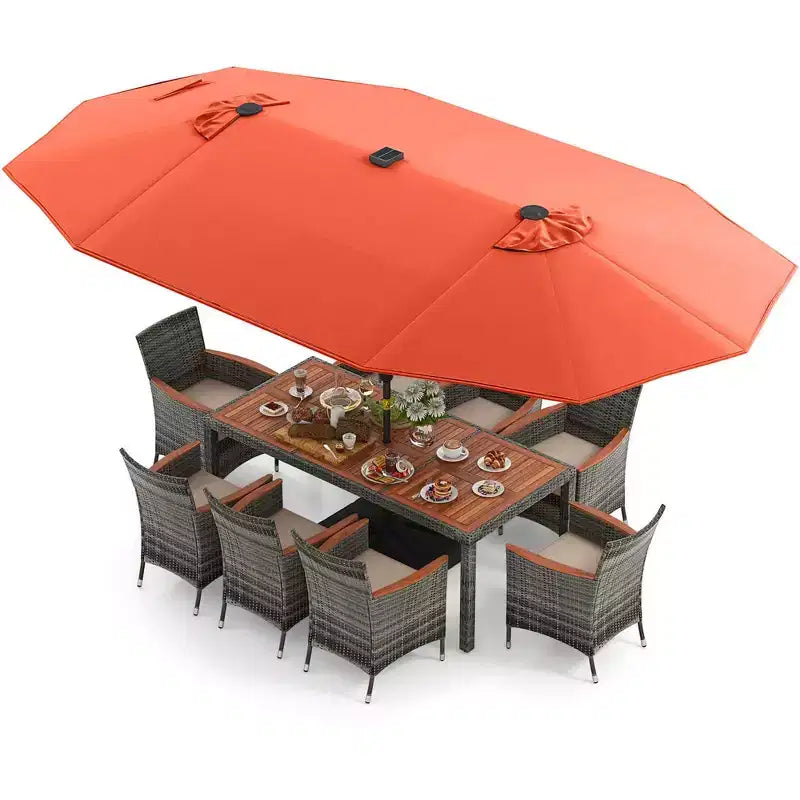 Costway Ensemble de salle à manger d'extérieur 11 pièces avec parasol double face 4,5 m 8 fauteuils Bleu/Beige/Orange/Bordeaux
