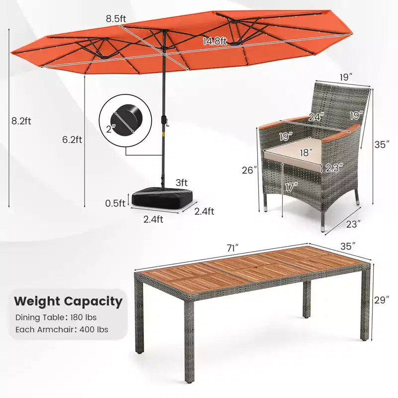 Costway Ensemble de salle à manger d'extérieur 11 pièces avec parasol double face 4,5 m 8 fauteuils Bleu/Beige/Orange/Bordeaux