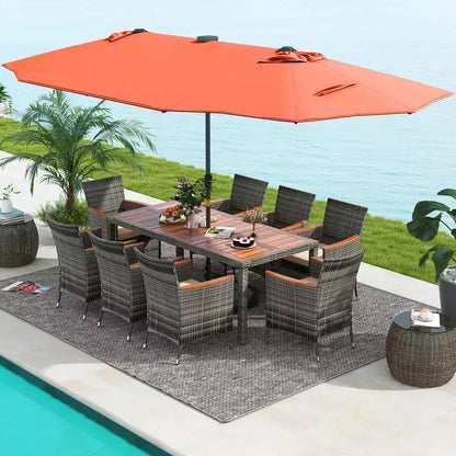 Costway Ensemble de salle à manger d'extérieur 11 pièces avec parasol double face 4,5 m 8 fauteuils Bleu/Beige/Orange/Bordeaux