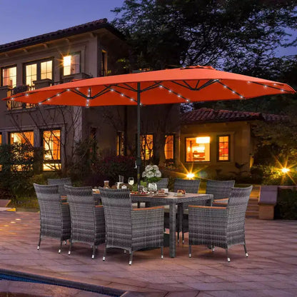 Costway Ensemble de salle à manger d'extérieur 11 pièces avec parasol double face 4,5 m 8 fauteuils Bleu/Beige/Orange/Bordeaux