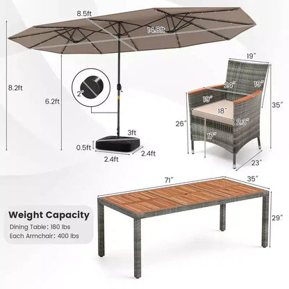 Costway Ensemble de salle à manger d'extérieur 11 pièces avec parasol double face 4,5 m 8 fauteuils Bleu/Beige/Orange/Bordeaux