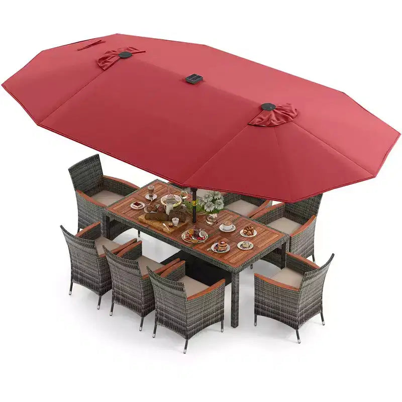 Costway Ensemble de salle à manger d'extérieur 11 pièces avec parasol double face 4,5 m 8 fauteuils Bleu/Beige/Orange/Bordeaux