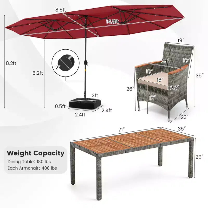 Costway Ensemble de salle à manger d'extérieur 11 pièces avec parasol double face 4,5 m 8 fauteuils Bleu/Beige/Orange/Bordeaux