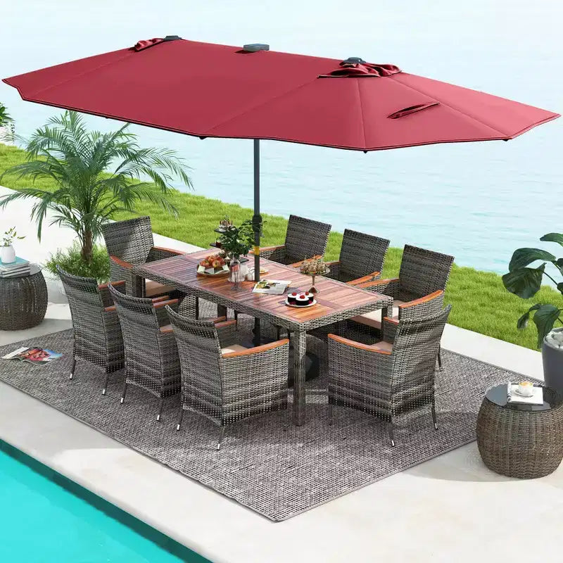 Costway Ensemble de salle à manger d'extérieur 11 pièces avec parasol double face 4,5 m 8 fauteuils Bleu/Beige/Orange/Bordeaux