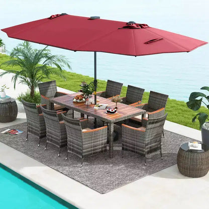 Costway Ensemble de salle à manger d'extérieur 11 pièces avec parasol double face 4,5 m 8 fauteuils Bleu/Beige/Orange/Bordeaux