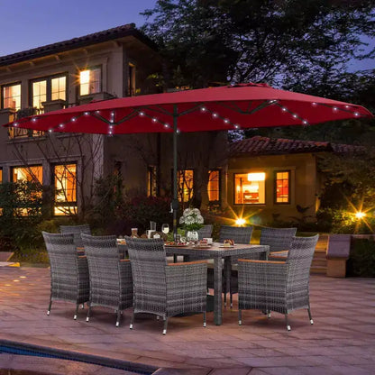 Costway Ensemble de salle à manger d'extérieur 11 pièces avec parasol double face 4,5 m 8 fauteuils Bleu/Beige/Orange/Bordeaux
