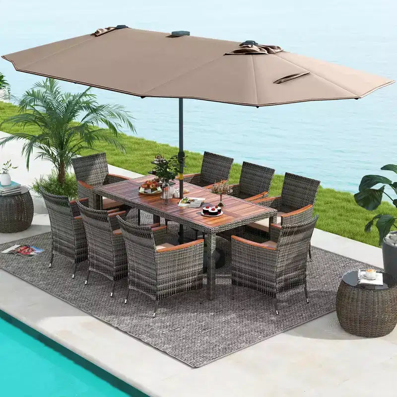Costway Ensemble de salle à manger d'extérieur 11 pièces avec parasol double face 4,5 m 8 fauteuils Bleu/Beige/Orange/Bordeaux