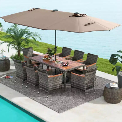 Costway Ensemble de salle à manger d'extérieur 11 pièces avec parasol double face 4,5 m 8 fauteuils Bleu/Beige/Orange/Bordeaux