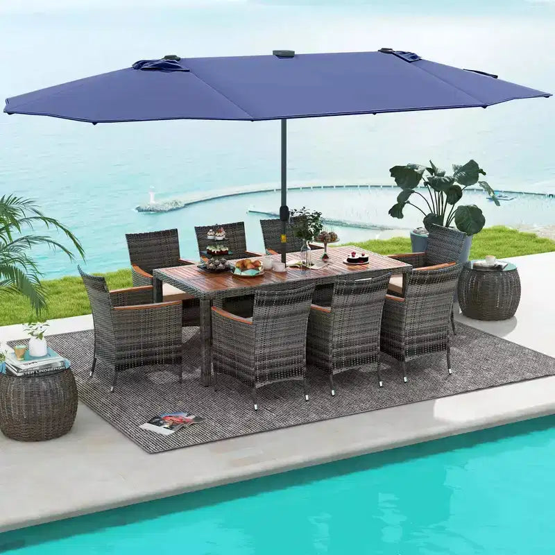 Costway Ensemble de salle à manger d'extérieur 11 pièces avec parasol double face 4,5 m 8 fauteuils Bleu/Beige/Orange/Bordeaux