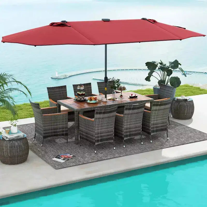 Costway Ensemble de salle à manger d'extérieur 11 pièces avec parasol double face 4,5 m 8 fauteuils Bleu/Beige/Orange/Bordeaux