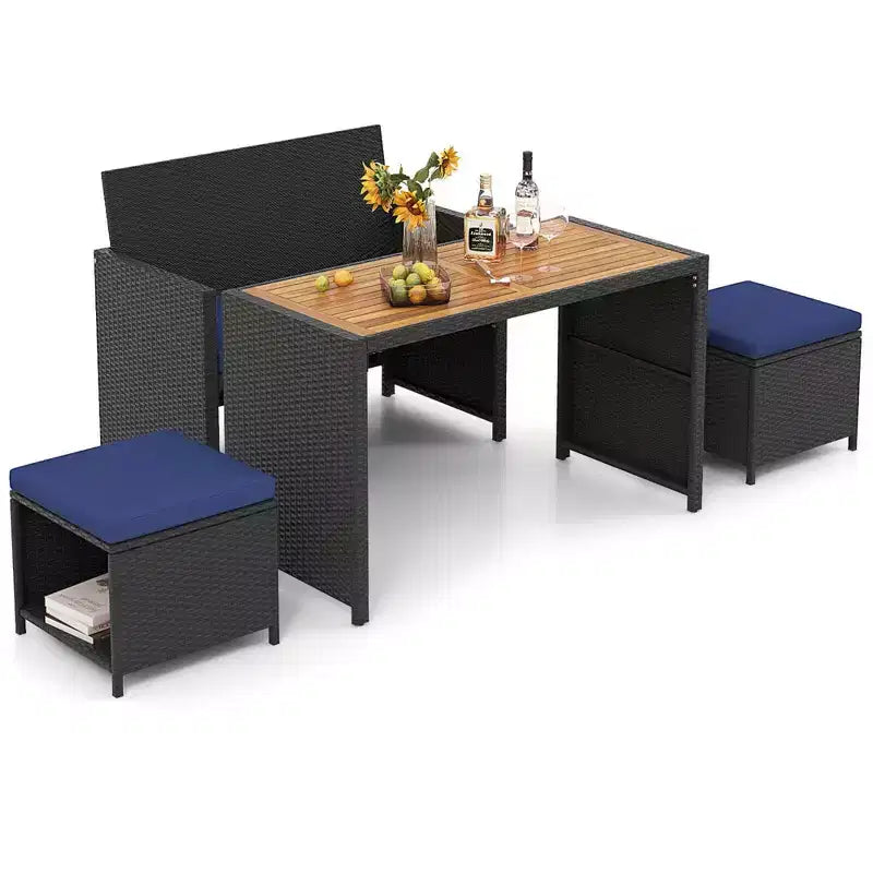 Costway Set da Pranzo per Esterni 4 Pezzi, Poltrona a Due Posti in Rattan e 2 Pouf Blu