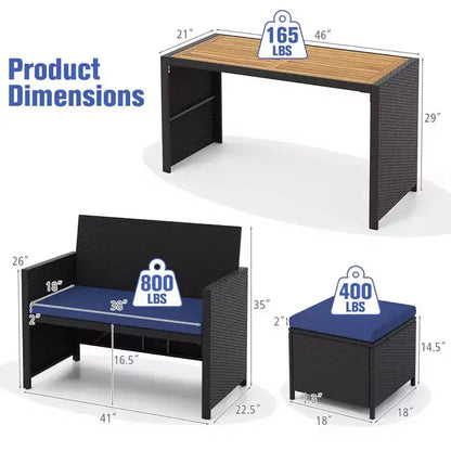 Costway Set da Pranzo per Esterni 4 Pezzi, Poltrona a Due Posti in Rattan e 2 Pouf Blu