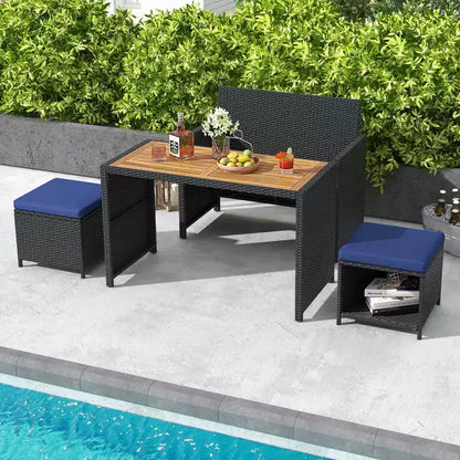 Costway Set da Pranzo per Esterni 4 Pezzi, Poltrona a Due Posti in Rattan e 2 Pouf Blu