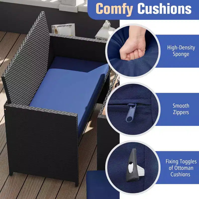 Costway Set da Pranzo per Esterni 4 Pezzi, Poltrona a Due Posti in Rattan e 2 Pouf Blu
