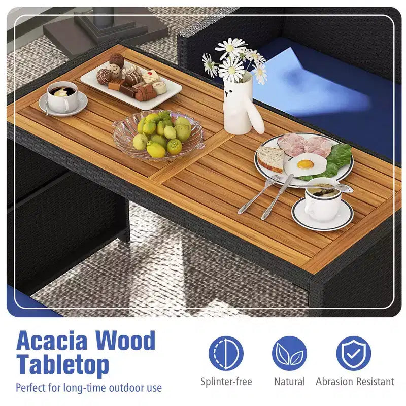 Costway Set da Pranzo per Esterni 4 Pezzi, Poltrona a Due Posti in Rattan e 2 Pouf Blu