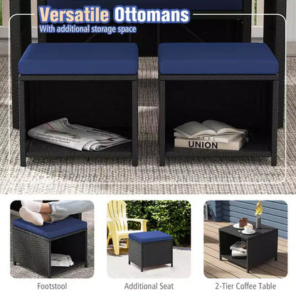 Costway Set da Pranzo per Esterni 4 Pezzi, Poltrona a Due Posti in Rattan e 2 Pouf Blu