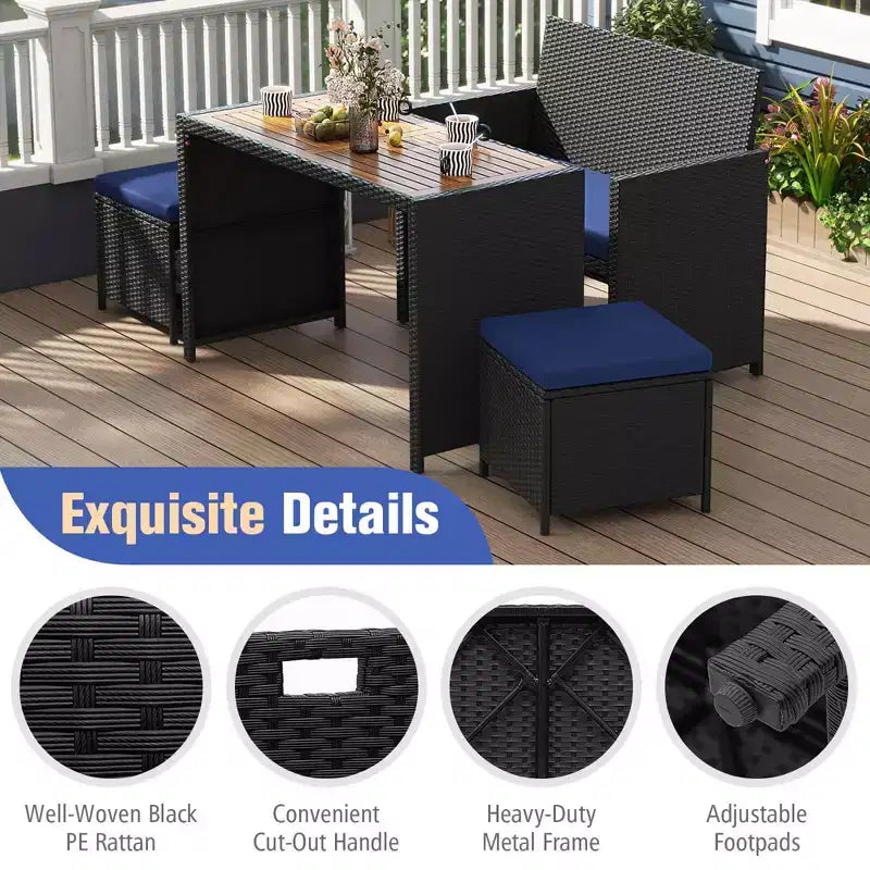 Costway Set da Pranzo per Esterni 4 Pezzi, Poltrona a Due Posti in Rattan e 2 Pouf Blu