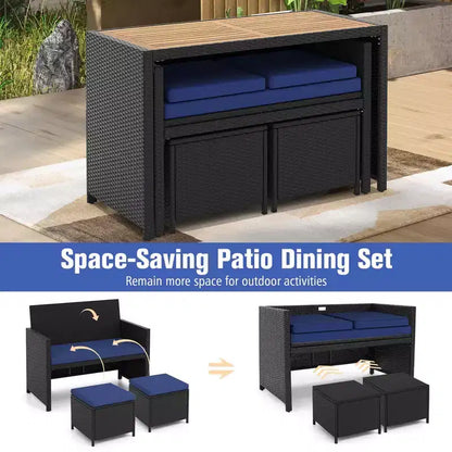Costway Set da Pranzo per Esterni 4 Pezzi, Poltrona a Due Posti in Rattan e 2 Pouf Blu