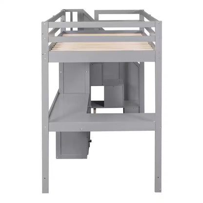 Lit mezzanine une place avec bureau en L, 3 tiroirs, placard, rangements intégrés dans l'escalier, en pin massif/MDF