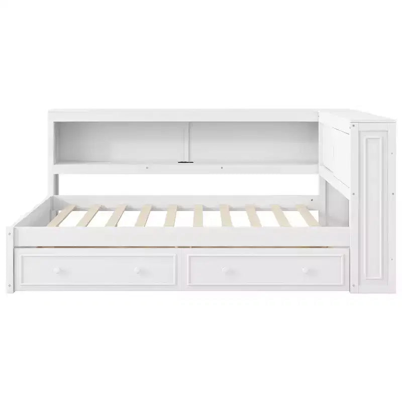 Letto angolare a grandezza naturale con cassetti portaoggetti, libreria, struttura letto a giorno in legno a forma di L con testiera a libreria per soggiorno