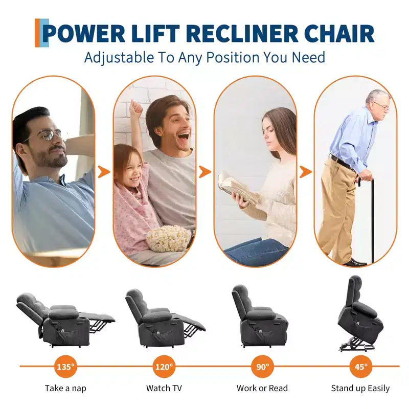 Fauteuil inclinable électrique releveur, fauteuils inclinables électriques pour personnes âgées avec fonction chauffante et massante, aide à la levée, porte-gobelets, poche latérale, pour salon