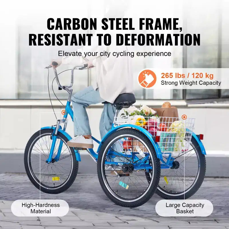 Tricycle pliable adulte VEVOR, tricycle pliant pour adultes de 26 pouces, vélo cruiser à 3 roues en acier au carbone avec grand panier et siège réglable