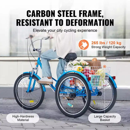 Tricycle pliable adulte VEVOR, tricycle pliant pour adultes de 26 pouces, vélo cruiser à 3 roues en acier au carbone avec grand panier et siège réglable